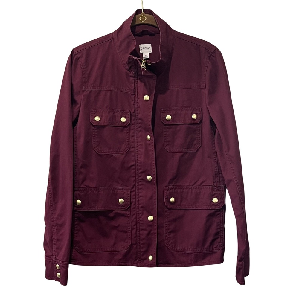 J Crew Resin Coated Twill Field Jacket Women's Small Burgundy Red Zip Snap